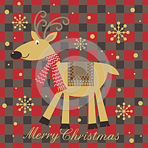 Christmas card design with cute reindeer and buffalo plaid