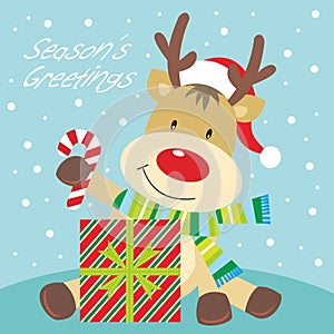 Christmas card design with cute reindeer, candy cane and gift