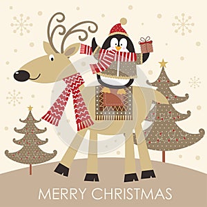 Christmas card design with cute reindeer, penguin and tree