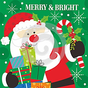 Christmas card design with cute santa, gifts and candy cane