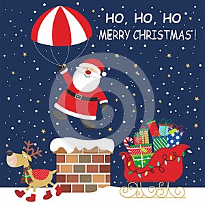 Christmas card design with cute santa and parachute, reindeer, sleigh and chimney
