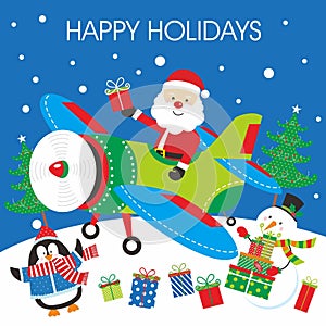 Christmas card design with cute santa, plane, snowman and penguin