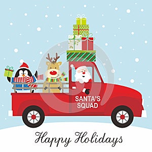 Christmas card design with cute santa, reindeer ad penguin in the red truck