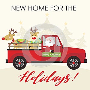 Christmas card design with cute santa and reindeer on the car