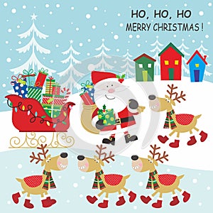 Christmas card design with cute santa, reindeer, gifts and sleigh