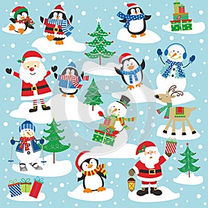 Christmas card design with cute santa, snoeman, penguin and reindeer