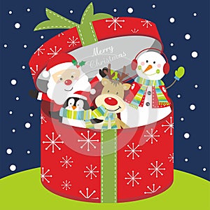 Christmas card design with cute santa, snowman, penguin and reindeer in the gift box