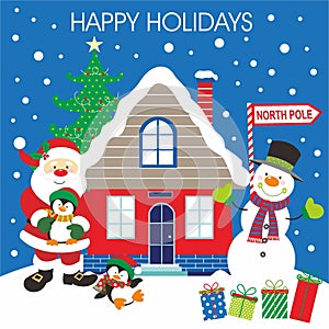 Christmas card design with cute santa, snowman, penguins and house