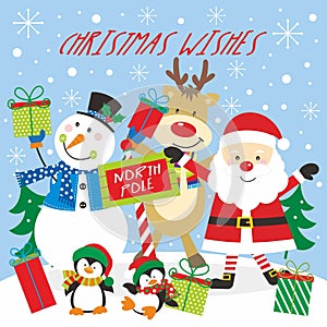 Christmas card design with cute santa, snowman, reindeer and penguin