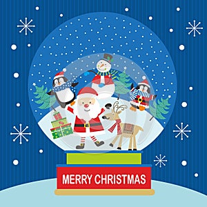 Christmas card design with cute santa, snowman, reindeer and penguin in the snow globe