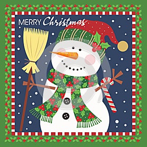 Christmas card design with cute snowman and broomstick