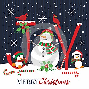 Christmas card design with cute snowman, cardinal birds and penguins