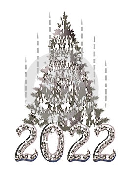 Christmas card design with festive  tree and numbers 2022 from shiny diamonds.