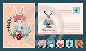 Christmas card design. On the front side is a boy with bunny ears, on the back is a Christmas Deer and lines for writing