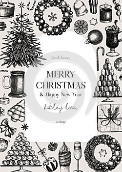 Christmas card design. Hand drawn vector illustration. Winter holiday background. Christmas tree decoration, Christmas wreath, hot