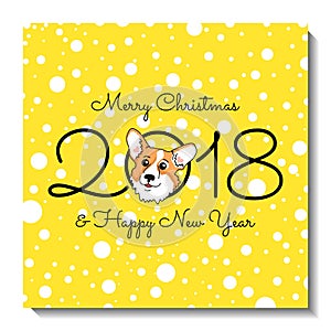 Christmas card design. Holiday postcard with cute Welsh Corgi Pembroke.