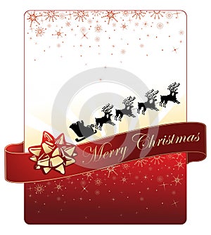 Christmas card design on red background with golden snowflakes and Santa's flying sleigh