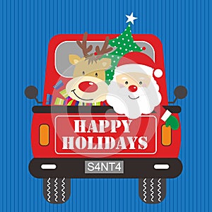 Christmas card design with santa and reindeer on the red truck