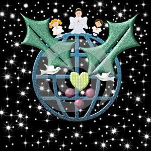 Christmas card, earth with peace symbols Christmas Angel and ch