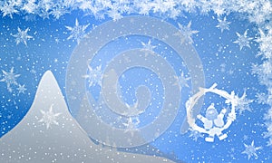 Christmas card falling snowflakes background mountain