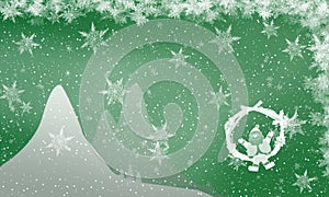 Christmas card falling snowflakes background mountain