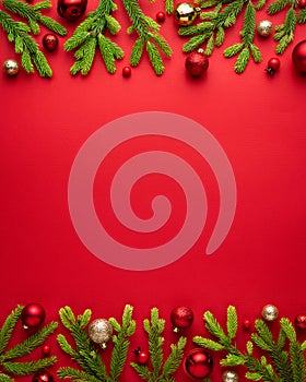 Christmas card with festive decor on red background