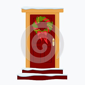 Christmas card. Festive door with a wreath