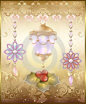 Christmas card with festive lantern, bow and frame