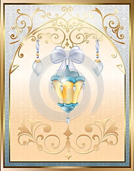 Christmas card with festive lantern, bow and frame ornament