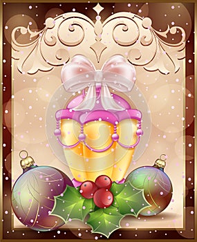 Christmas card with festive lantern, bow and frame ornament background