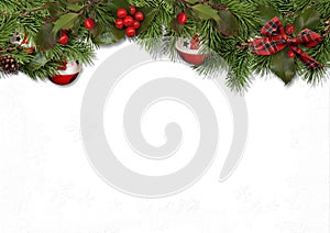 Christmas card with fir balls and holly on white background