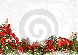 Christmas card with fir branches, bell, ball and holly on white