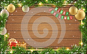 Christmas card fir tree ball wooden background