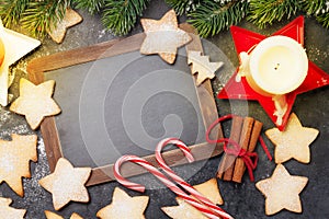 Christmas card with fir tree, cookies and candles