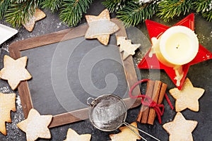 Christmas card with fir tree, cookies and candles