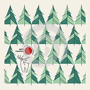 Christmas card with fir trees and deer, vector template