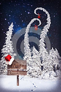 Christmas card with fir trees and night sky