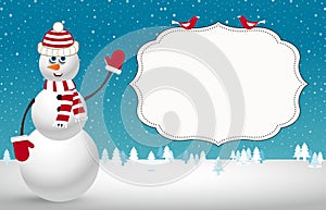 Christmas card with fir trees, snowman and space for text.