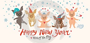 Christmas card with five cute cartoon pigs in holiday hats.