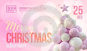 Christmas card or flyer template with pink christmas tree made in gentle colors