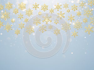 Christmas card with foiled gold snow flake. Golden decoration on light blue winter background. EPS 10