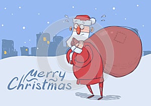 Christmas card of funny confused Santa Claus with big bag of gifts on evening snowy city background. Santa looks