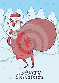 Christmas card of funny confused Santa Claus with big bag of gifts in snowy spruce forest. Santa looks lost and