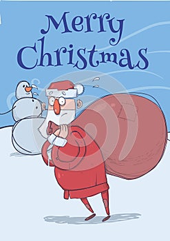 Christmas card of funny confused Santa Claus with big bag standing next to snowman in frosty windy weather. Santa looks