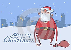 Christmas card of funny drunk Santa Claus with a bag on evening snowy city background. Happy Santa Claus got wasted