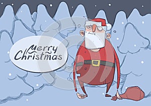 Christmas card of funny drunk Santa Claus with a bag in the night snowy spruce forest. Wasted Santa Claus got lost