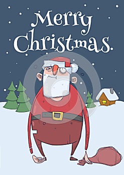 Christmas card of funny drunk Santa Claus with a bag in the snowy night