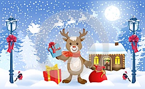 Christmas card with funny fawn deer holding gift box and Santa`s workshop against winter forest background and Santa Claus in