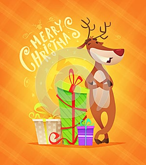 Christmas card with funny reindeer and some gifts. Deer character design. Cartoon style vector illustration.