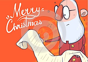 Christmas card with funny Santa Claus in glasses reading a long list. Lettering on orange background. Cartoon character